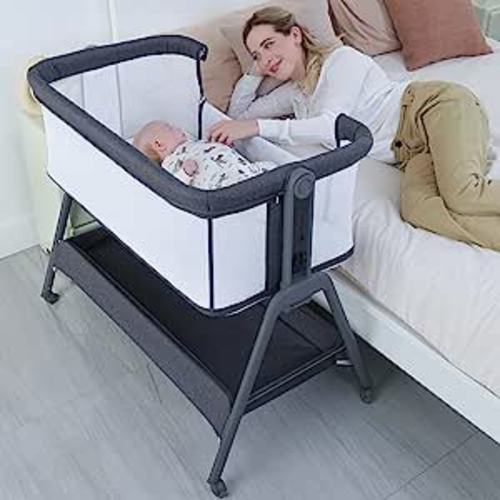 Amazon.com : ANGELBLISS Baby Bassinet Bedside Crib with Storage Basket and Wheels, Easy Folding Bed Side Sleeper Adjustable Height Portable Crib for Newborn : Baby