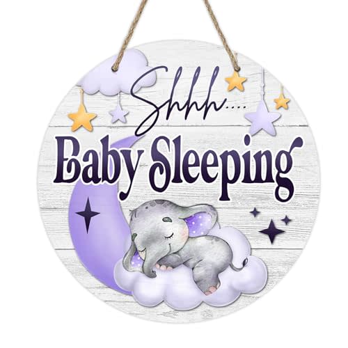 Deroro Shhh Baby Sleeping Front Door Sign, Elephant Purple Moon Cloud Stars Wood Door Hanger Outdoor Porch Nursery Decor, Rustic Wooden Wreath Indoor Wall Hanging Kids Baby Girl Boy Room Decoration