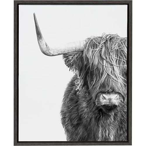 Kate and Laurel Sylvie Highland Cow Black and White Portrait Framed Canvas by Amy Peterson, 18x24 Gray, Adorable Wall Decor for Living Room, Nursery