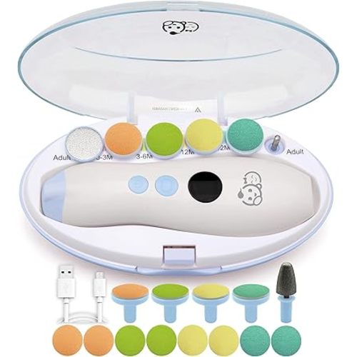Rechargeable 22 in 1 Baby Nail Trimmer, Usage Labeled Case, 13 Extra Replacement Tools, Royal Angels Baby Electric Nail File, Nail Care Newborn Nail Clipper Toddler Nail Kit (Rechargeable, WhiteBlue)