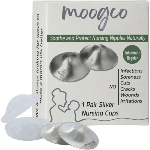 MOOGCO The Original Silver Nursing Cups - 999k Silver Nipple Cups - Nipple Shields for Breastfeeding Newborn – Protective Silver Nipple Covers for Nursing Moms (TriLaminate Regular)