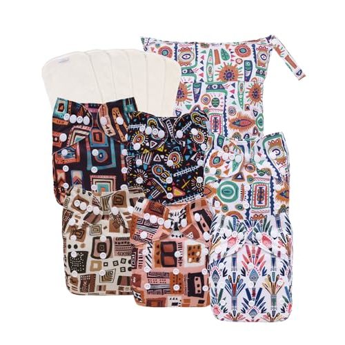 babygoal Boho Cloth Diapers Pack of 13, Baby Reusable Washable Pocket Nappy, 6pcs Diapers+6pcs Rayon from Bamboo Inserts+Wet Bag 6FB50