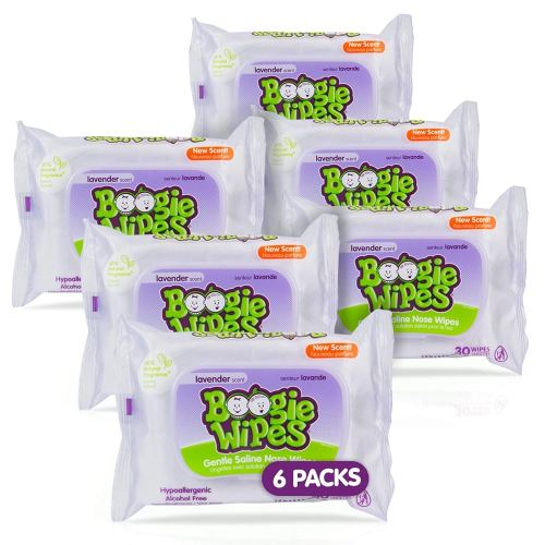 Saline Nose Wipes by Boogie, for Baby & Kids, Face, Hand & Body, FSA/HSA Eligible, Made with Vitamin E, Aloe, and Natural Saline, Lavender Scent, 30 Count (Pack of 6)