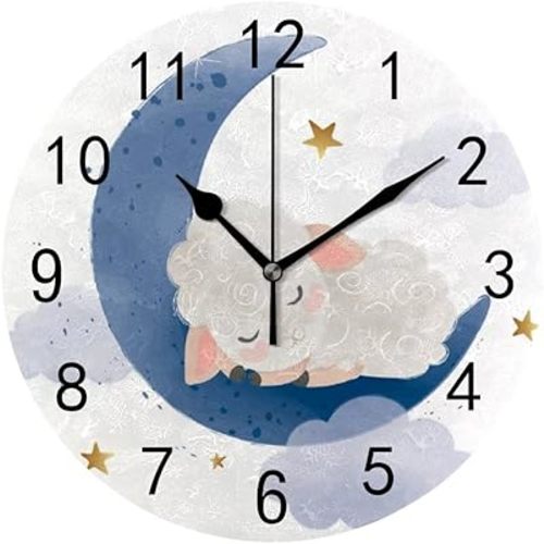 Wall Clock for Living Room Decor Cute Little Sheep Moon Blue PVC 9.8 Inch Hanging Round Desk Clocks Silent Non-Ticking Battery Operated Easy to Read Bathroom Kitchen Office