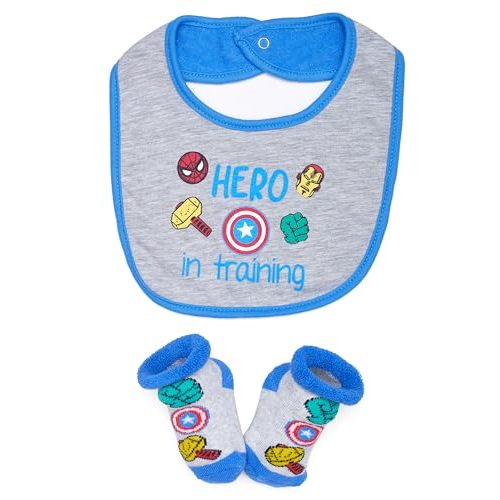 Marvel Baby Boys' Booties and Bib Gift Set - Super Heroes Bootie Sock Set Spiderman Hulk Iron Man