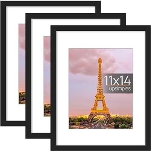 upsimples 11x14 Picture Frame Set of 3, Made of High Definition Glass for 8x10 with Mat or 11x14 Without Mat, Wall and Tabletop Display Photo Frames, Black