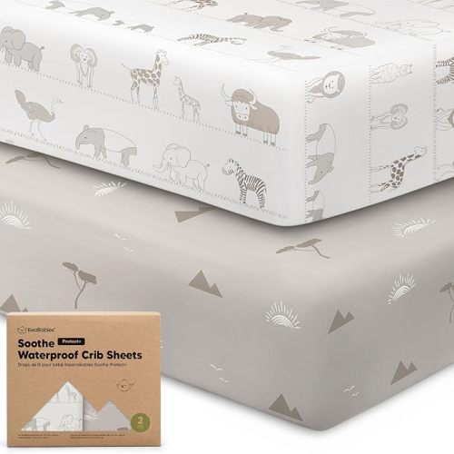 2-Pack Waterproof Crib Sheets for Boys, Girls - 52x28 Fitted Organic Cotton Baby Crib Sheets, Toddler Mattress Protector Cover, Washable, Soft & Durable Baby Bedding Essentials (Foxtrot)