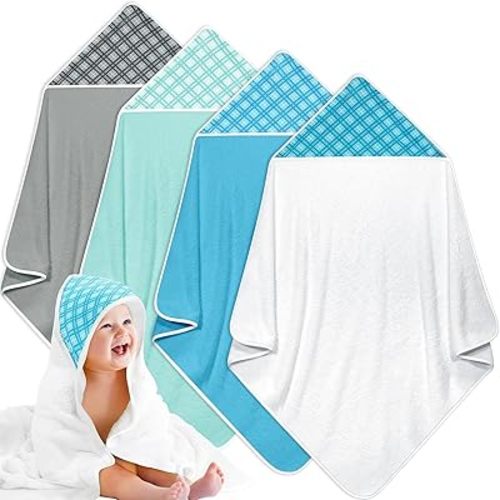 Reginary 4 Pack Baby Hooded Towels Coral Fleece Baby Bath Towels 30 x 30 Inch Soft Absorbent Hooded Bath Blanket for Newborn Toddler Infant Boy Girl (Light Gray, Green, Blue, White,Stripe Style)