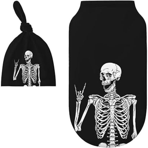 Rock and Roll Skeleton Skull Boho Hippie Pattern Baby Newborn 100% Cotton Swaddle Blanket with Beanie Hat Set Cotton Receiving Blankets Sleep Sack for Girls Boys Infant Gifts