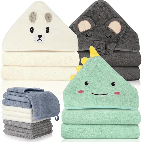 31x31 Inch Baby Hooded Towels, 12Pcs Bath Towels for Boys, Washcloth Set with Cute Design, Shower Towel Gift for Newborns, Infants and Toddlers