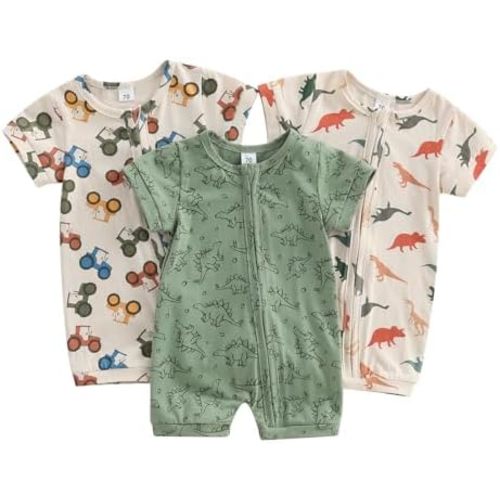 BULINGNA Newborn Baby Boy 3-Pack Jumpsuits Short Sleeve Dinosaur Truck Print Zip Up Bodysuits Infant Rompers