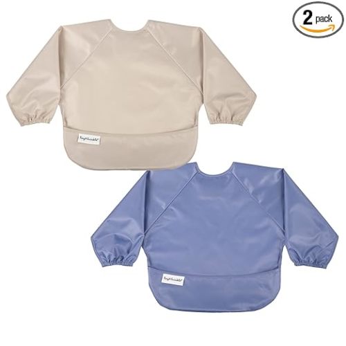Tiny Twinkle Long Sleeve Bib for Babies & Toddlers | 2-Pack Waterproof Smock Bib for Eating | Machine Washable & Mess-Proof Feeding Essentials | Newborn Shower Gift (Periwinkle Putty,6–24M)