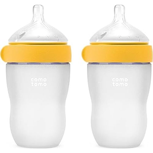 Comotomo Silicone Baby Bottle Gen 2 – 2026 Release (8oz) – Soft, Wide-Neck Bottle for Comfortable Feeding with Dual Anti Colic Vents (Includes Medium Flow Nipples), Yellow (Double Pack)
