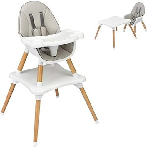 HONEY JOY Baby High Chair, 5-in-1 Convertible Wooden Highchair for Babies and Toddlers/Table and Chair Set/Booster Seat/Toddler Chair with Safety Harness, 4-Position Removable Feeding Tray (Gray)