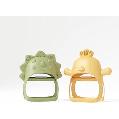 Teethers for Babies 6-12 Months Pack of 2 Wearable Weaning Pacifier Teether Toy - Little Chick Mini Dino Pacifier Silicone Toys for Babies - Yellow and Green by Muqee Peeko