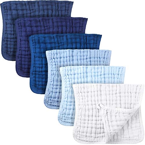 Irenare 6 Pack Muslin Burp Cloths Cotton Baby Burping Rags Large 20 x 10 Inch 6 Layers Spit up Rags Soft Absorbent Multicolor Wash Cloths Diapers for Newborn Baby Girl Boy (Blue Series)