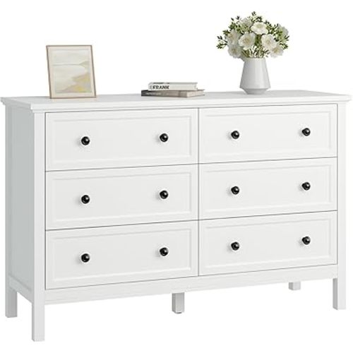 CARPETNAL White Dresser for Bedroom, 6 Drawer Dresser with Wide Drawer and Metal Handles, Wood Dressers & Chests of Drawers for Hallway, Entryway.