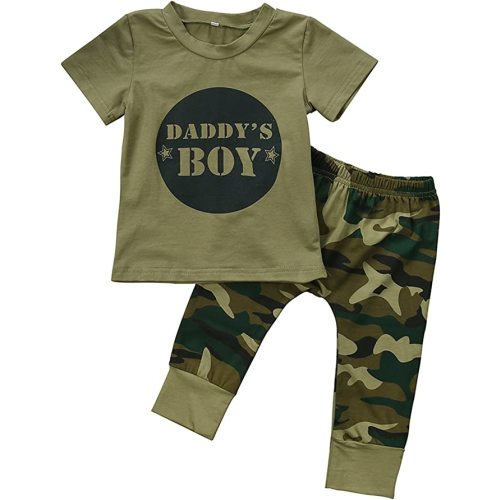 2 Styles Daddy’s Baby Boy Girl Camouflage Short Sleeve T-Shirt Tops+Green Long Pants Outfit Casual Outfit - 6-12 Months