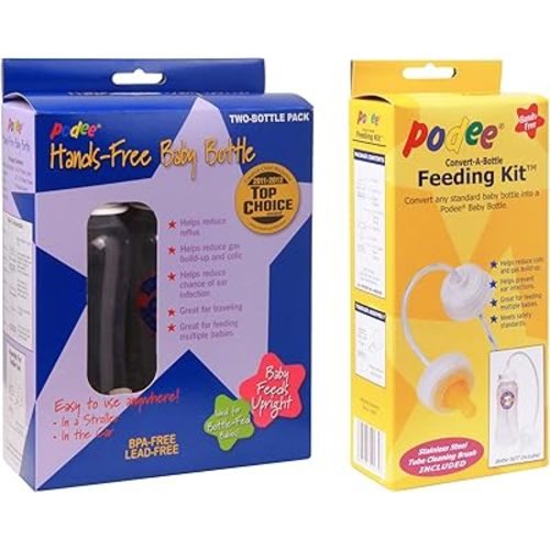 Hands-Free Baby Bottle - Self Feeding System 9 oz (2 Pack - Podee Classic) + Convert-A-Bottle Hands-Free Self Feeding Kit
