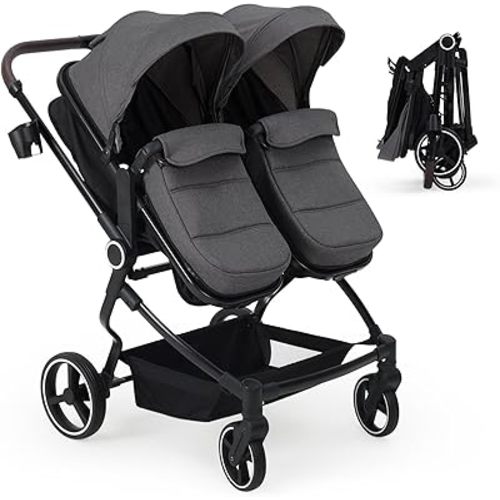 Side by Side Double Stroller Newborn and Toddler, Lightweight Compact Twin Stroller with Reversible Seat, Adjustable Backrest & Canopy, Storage Basket, Easy to Fold, Dark Grey