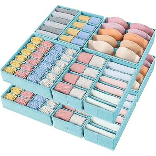 DIMJ 12 Pack Drawer Organizer for Clothes, Sock Bra Underwear Organizer, Foldable Fabric Drawer Organizer Bins, 114 Cells Dresser Drawer Dividers for Clothing Scarves Belt Tie, Blue