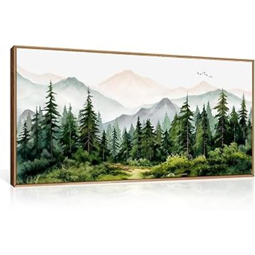 Green Forest Tree Mountain Range Framed Canvas Wall Art, Watercolor Nature Wall Decor, Woodland Nursery Wall Painting, Modern Wilderness Art Print for Living Room, Bedroom, Office 40"x20"