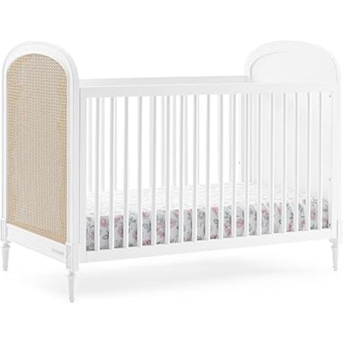 Delta Children Madeline 4-in-1 Convertible Crib - Woven Cane Mesh Panels, Includes Conversion Rails, Greenguard Gold Certified, Bianca White/Textured Almond