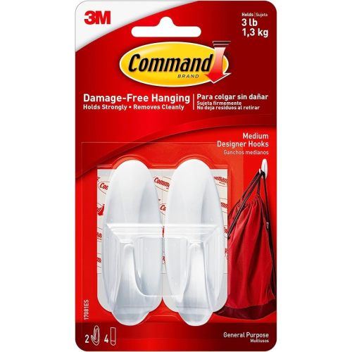 Command Medium Designer Hooks, 2 Hooks and 4 Command Strips, Damage-Free Hanging Wall Hooks with Adhesive Strips, No Tools Adhesive Hooks for Hanging, Organization and Storage, Holds up to 3 lb