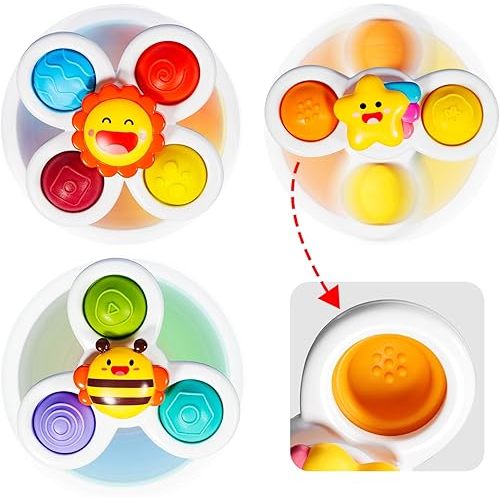ALASOU 3PCS Pop Suction Cup Spinner Toys for 1 Year Old Boy Girl|Novelty Spinning Tops Toddler Toys Age 1-2|Sensory Baby Bath Toys for Toddlers 1-3|6 12 18 Months Boy Birthday Gift for Infant
