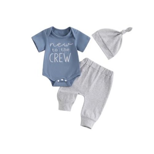 Qtinghua Newborn Baby Boy Girl Clothes New To The Crew Printed Romper Pants Set with Hat Coming Home Hospital Outfits