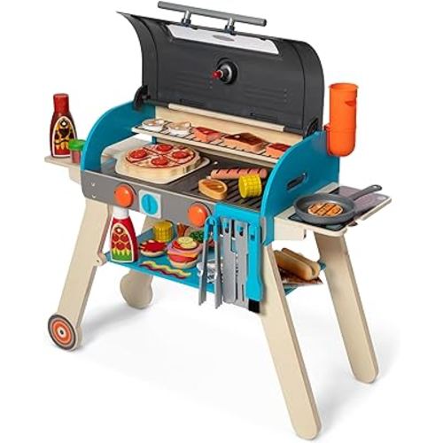 Melissa & Doug Wooden Deluxe Barbecue Grill, Smoker and Pizza Oven Play Food Toy for Pretend Play Cooking for Kids - FSC Certified