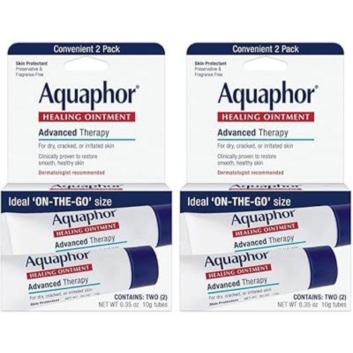 Aquaphor Healing Ointment Advanced Therapy Skin Protectant, Travel Size Body Moisturizer for Dry Skin, Minor Cuts and Burns, Dry Cuticles, Cracked Heels, Hands and Lips, 0.35 Oz Tube (2 x Pack of 2)