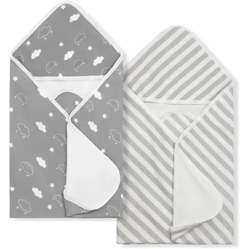 Baby Towels 2 Pack,Hooded Baby Towels Set,Baby Infant Bath Towels with Hood,Soft and Absorbent Nursery Towel,Large 28x28 Inch, Newborn Essential(Gray Clouds + Stripes)