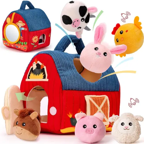 hahaland Baby Toys 6-12 Months - Surprise Barn with Stuffed Farm Animals, Rattle, Crinkle Paper, Mirror - Busy Montessori Toys for Babies, Sensory Toys for Toddlers 1-3 - Infant Valentines Baby Gifts