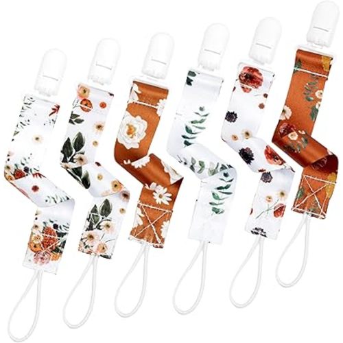 Neutral Pacifier Clip Set, 6 Pack Pacifier Holder Clip for Boys and Girls, Stylish and Practical Baby Binky Teethers, Baby Shower (Vintage Blooms)