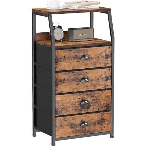 Furnulem Night Stand, Tall 4 Drawers Dresser for Bedroom, Hallway, Nursery, Closet Organizer, Nightstand Bedside Table Furniture, Vertical Storage Tower Fabric, Sturdy Steel Frame, Wood Top