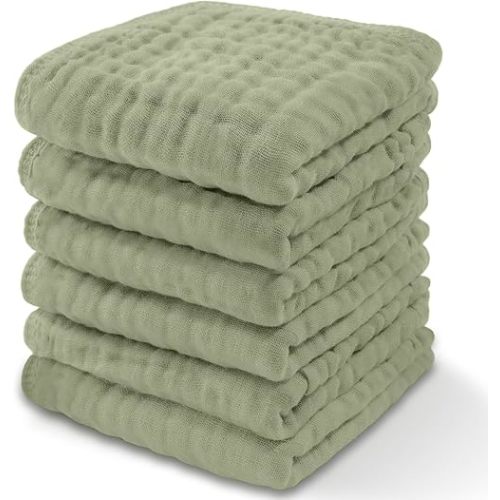 Baby Washcloths, Muslin Cotton Baby Towels, 6 Pack -Large 10”x10” Wash Cloths Soft on Sensitive Skin, Absorbent for Boys & Girls, Newborn Baby & Toddlers Bibs & Burp Cloths Essentials Set, Sage