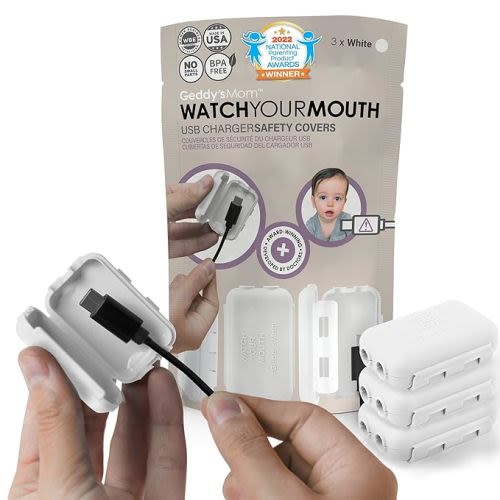 Watch Your Mouth Baby Proof Cord Cover | Award-Winning USB Charger Cover for Baby Proofing Cords | BPA & Phthalate-Free Charger Cover Protector | Electrical Safety Baby Products, (3-Pack, White)