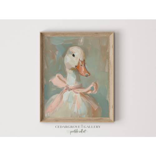 Cute duck with pink bow printable wall art | Girly room decor| Soft pastel tones painting | Vintage aesthetic | Digital download