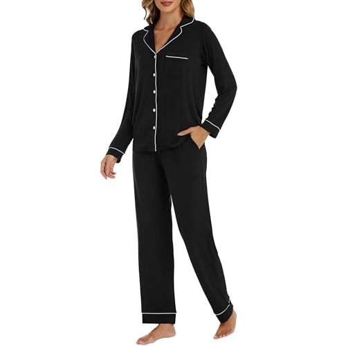 LUBOT Womens Bamboo Viscose Pajamas Set 2 Piece PJ Set Buttery Soft Button-Down Long Short Sleeve Sleepwear Set S-XXL