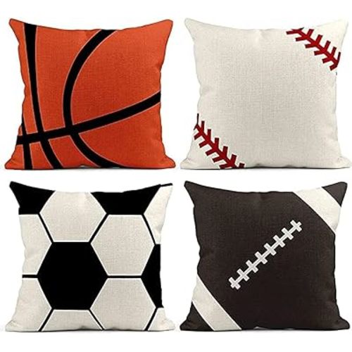Sports Throw Pillows 18X18 Inch Set of 4 Square Linen Fun Sport Game Pillow Case，Soccer Baseball Football Home Decor Pillow BO-2NZL-SC5E BO-2NZL-SC5E