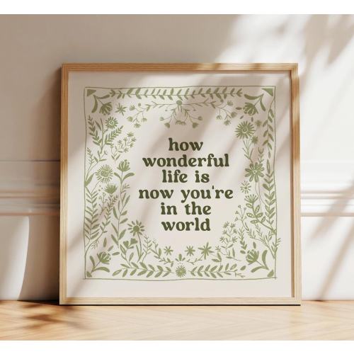 How Wonderful Life is Now You're In the World Print, Neutral Sage Green and Ivory Folk Art for Children's Room, Scandinavian Nursery