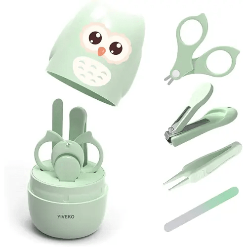 YIVEKO Baby Nail Kit, 4-in-1 Baby Nail Care Set with Cute Case, Baby Nail Clippers, Scissors, Nail File & Tweezers, Baby Manicure Kit and Pedicure kit for Newborn, Infant, Toddler, Kids-Owl Green