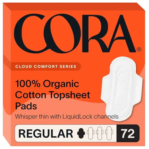 Cora 100% Organic Cotton Topsheet Pads | Ultra Thin Period Pad with Wings | Regular Absorbency | Ultra-Absorbent Sanitary Pads for Women (72 Count)
