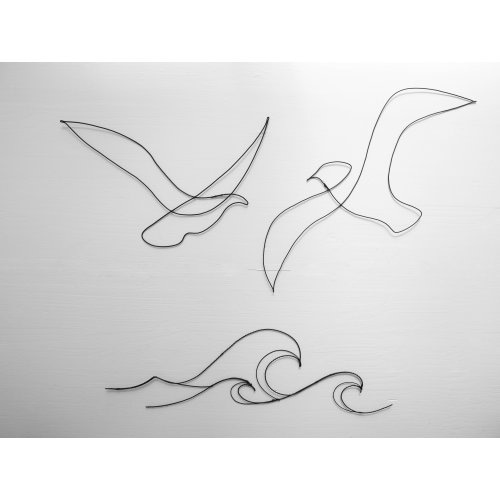 2 Wire birds and waves, wire seagull, wire wall decoration, boho nature decoration, ocean theme sculpture