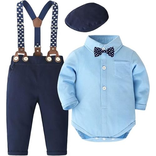 Baby Boy Dress Suit Clothes Sets Infant Tuxedo Gentleman Suits Outfits Bowtie Shirt Suspenders Pants Beret Hat 0-24M