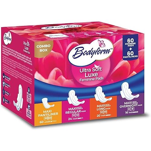 Luxe Feminine Pads & Pantyliners Value Combo Box/Variety Box -120 Pads & Pantiliner (60 Ultra-Soft Pads + 60 Gentle Pantyliners) Cushion Soft Always Comfortable and Ultra-Absorbent