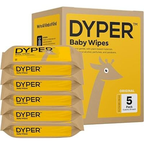 DYPER Viscose from Bamboo Baby Wet Wipes | 99.9% Water Unscented for Sensitive Newborn Skin | Hypoallergenic | Honest Ingredients | Made with Plant-Based* Materials | Face & Hand | Pack of 5
