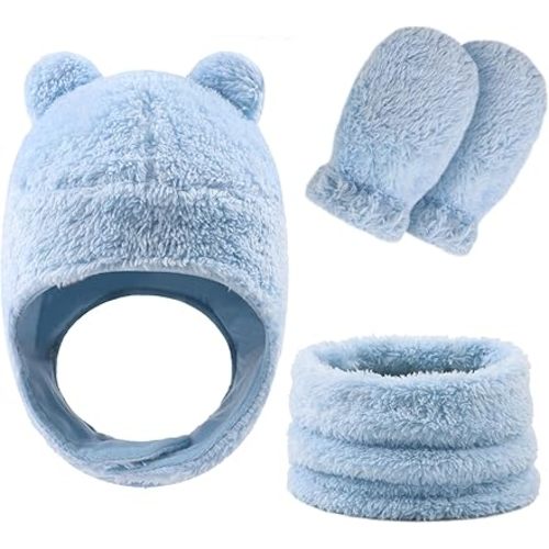Fleece Baby Hat Scarf Mitten Set Winter Toddler Beanie Warm Mittens Infant Scarves Ears Earflap Hats for Baby Boys Girls