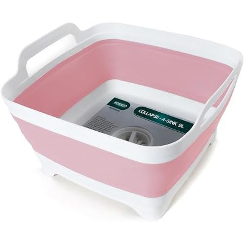Collapsible Dish Basin with Drain Plug, 2.4 Gal (9L) Space-Saving Foldable Sink, Wash Basin for Kitchen, Baby Bottles, Vegetable Washing, Camping, RV and Party Beverage Tubs (Pink)